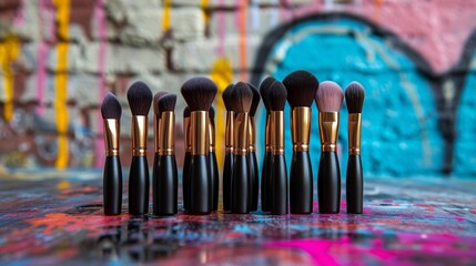 A chic makeup brush set arranged against a backdrop of artistic graffiti.