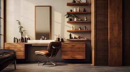 Room with a contemporary wooden vanity, decor, and cosmetics.