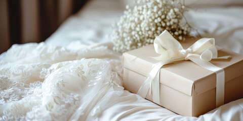 Gift Box on Bed. Close-up of a present box decorated with delicate lace fabric. A gift for the bride, packaging.