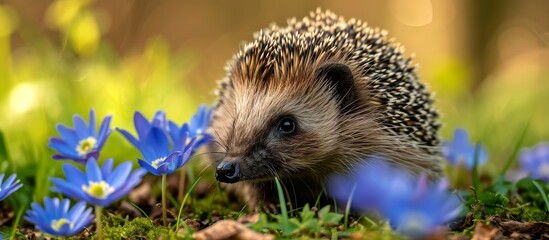 Fototapeta premium European hedgehog in natural garden habitat with grass and blue anemones, facing forward, during early Spring.