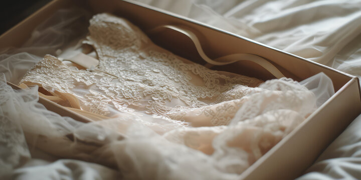Elegant Wedding Lace Dress in Gift Box. Intricate lace wedding dress beautifully presented in a cardboard gift box on a silky bed surface.