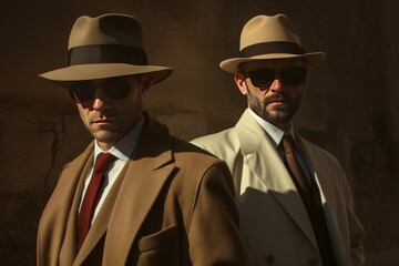 A professional detective in classic investigator attire meticulously observes and surveys the scene for evidence. Generative AI.