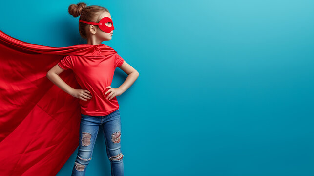 girl wearing red mask and cape with her arms crossed on her chest stands , concept superpowers girl, feminism, desire to win
