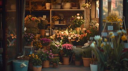 Fototapeta na wymiar Bouquets and flowerpots in a flower shop