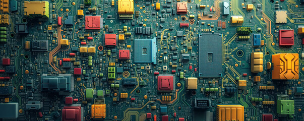 Close up panoramic view of the motherboard with components.