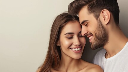A close-up of a happy couple sharing a tender moment with the man gently kissing the woman's forehead both smiling and looking at each other set against a soft-focus background.