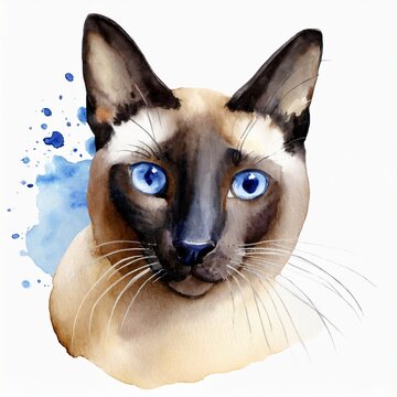 Watercolor illustration of Siamese cat isolated on white.
