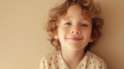 A young child with curly hair and a gentle smile wearing a patterned shirt against a soft-focus beige background.