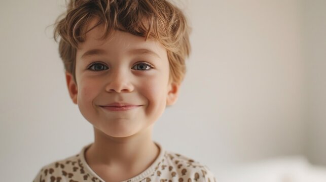 A young child with a joyful expression featu ring a close-up of their face with a soft focus background highlighting their radiant smile and sparkling eyes.
