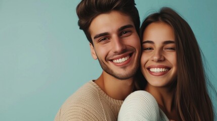 A young couple sharing a joyful moment bracing each other with smiles on their faces set against a soft blue background.