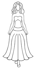 Beautiful lady. Sketch. Vector illustration. A woman in a short top without straps and a fluffy long skirt with a belt. Doodle style. Girl with wavy hair. Outline on isolated background. Coloring book