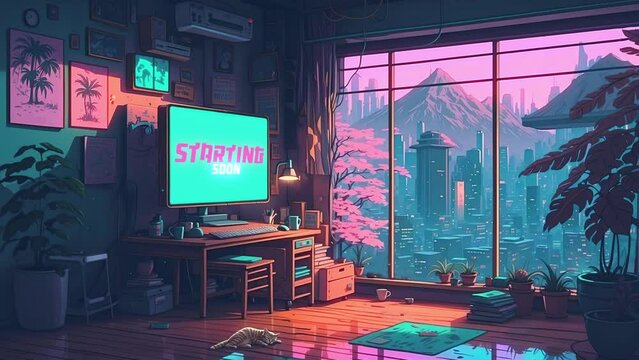 stream starting soon screen, overlay loop, animated virtual backgrounds, cozy lo-fi living room Japanese town view. vtuber asset twitch zoom OBS, anime chill hip hop. Cyan purple colours manga style