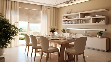 Beige walls in modern dining room interior design.
