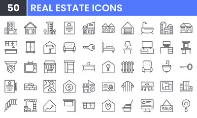 Fototapeta na wymiar Real Estate vector line icon set. Contains linear outline icons like Home, Office, Building, Rent, Property, Bedroom, Elevator, Key, Mortgage, Residential, Bathroom, Map. Editable use and stroke.