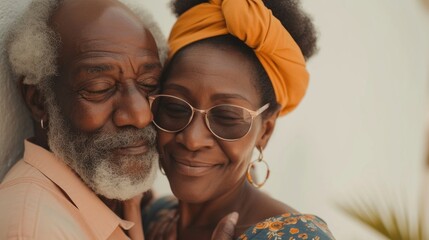 A loving couple an older gentleman with a white beard and a younger woman with an orange headscarf sharing a tender embrace and smiling warmly