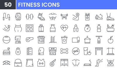 Fitness, Gym and Exercise vector line icon set. Contains linear outline icons like Health, Diet, Muscle, Workout, Body, Training, Run, Vegetable, Treadmill, Dumbbell, Cardio,. Editable use and stroke.