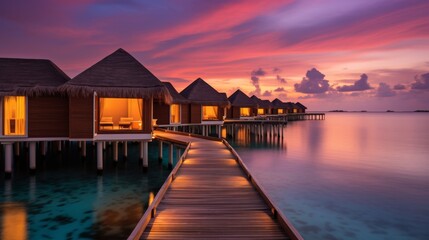 Obraz premium Serenitys Haven: A Mesmerizing Pathway to Enchanting Overwater Retreats. Generative AI.