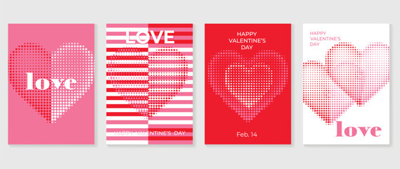 Happy Valentine's day love cover vector set. Romantic symbol wallpaper of geometric shape pattern, heart shaped icon, halftone. Love illustration for greeting card, web banner, package, cover, fabric. - 730954901