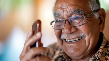 A joyful elderly man with glasses holding a smartphone smiling broadly.