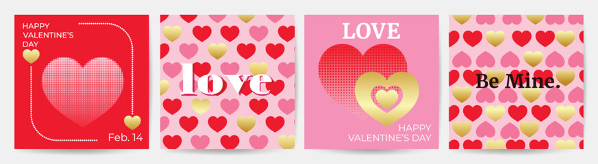Happy Valentine's day love square cover vector set. Romantic symbol wallpaper of heart shaped icon pattern, gold texture, halftone. Love illustration for greeting card, web banner, package, cover.