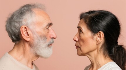 Two individuals a man with gray hair and a beard and a woman with dark hair facing each other against a pink background appearing to engage in a conversation or interaction.