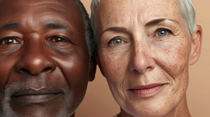 Two elderly individuals a man and a woman with a warm soft-focus background looking directly at the camera with a slight smile. - 730955377