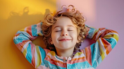 A child with curly hair wearing a colorful striped sweater smiling gently with eyes closed resting their head on a soft surface possibly a pillow against a warm-toned background.