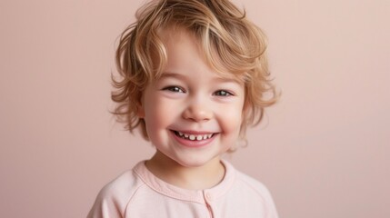 A child with curly blonde hair wearing a pink top smiling brightly at the camera with a joyful expression.