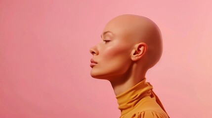 A bald woman with a neutral expression wearing a high-necked mustard-colored top set against a soft pink background. - 730955505