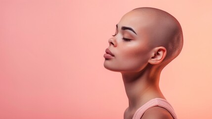 A bald woman with closed eyes wearing a pink top against a soft pink background exuding a serene and contemplative aura. - obrazy, fototapety, plakaty