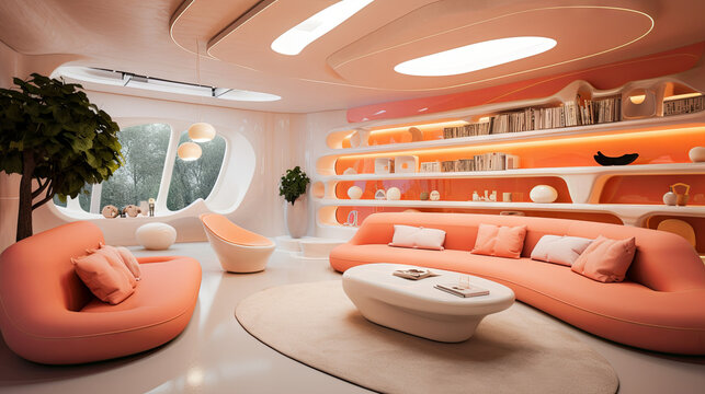 Modern living room interior in hi-tech style in peach and coral tones. Futuristic interior of the future. 3D rendering of the living room