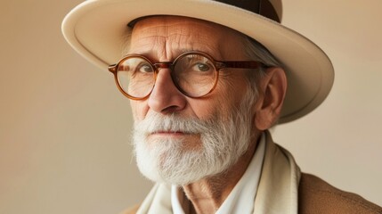 An elderly man with a distinguished appearance wearing a straw hat and glasses exuding a sense of wisdom and experience.