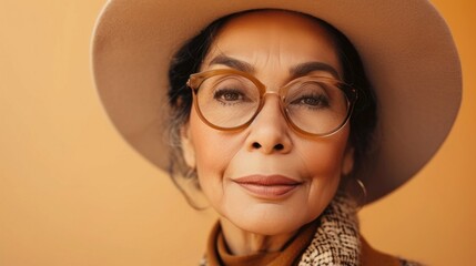A woman with a warm smile wearing a wide-brimmed hat and large round glasses exuding a sense of style and confidence against a soft blurred background.