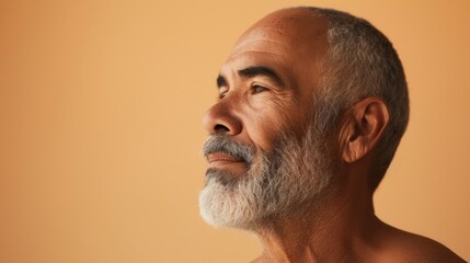 A contemplative man with a gray beard and mustache wearing a light-colored shirt gazing off to the side with a thoughtful expression.