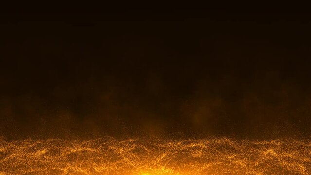 Animation glow orange fire digital particles wave flow up on black abstract background for screen project overlay. 