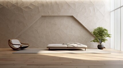 Modern showroom or hotel with luxury interior design, including a wooden floor living room, a white gravel zen garden, and an empty triangle pattern wall background, all rendered in 3D.