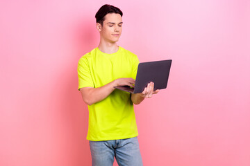 Photo portrait of nice teen man instagram twitter facebook telegram wear trendy yellow clothes...