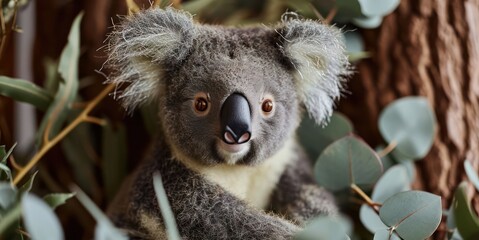 closeup photography Koala doll, with its fuzzy ears and cute nose, arranged in a dollhouse-inspired eucalyptus tree setting