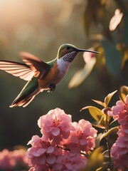 Naklejka premium Flying hummingbird. Small colorful bird in flight. Blooming flower.