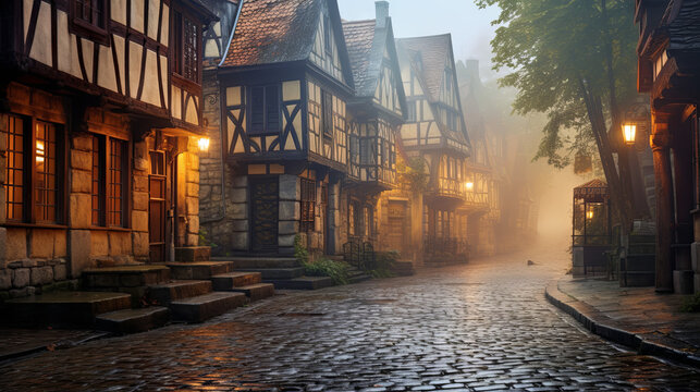 medieval street with old houses and lanterns. A street scene in a European city of the Middle Ages