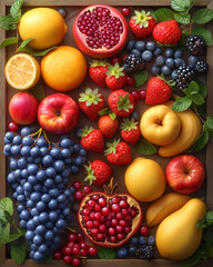 Naklejka na ściany i meble Background of bright fruits. Ripe fruits apples, bananas, grapes, kiwi, avocado, raspberry on a stone background. Copy space.