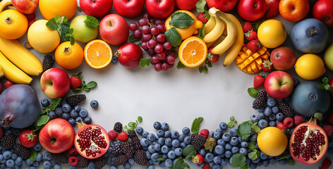 Horizontal background of bright fruits. Ripe fruits apples, bananas, grapes, kiwi, avocado, raspberry on a stone background. Copy space.