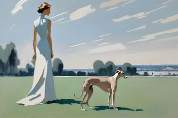 Elegante Dame beim Spaziergang mit ihrem Windhund im Park im Stil von Mode Werbung der 20er Jahre