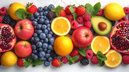 Horizontal background of bright fruits. Ripe fruits apples, bananas, grapes, kiwi, avocado, raspberry on a stone background. Copy space.