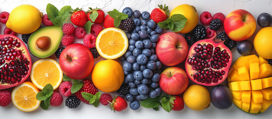 Horizontal background of bright fruits. Ripe fruits apples, bananas, grapes, kiwi, avocado, raspberry on a stone background. Copy space. - obrazy, fototapety, plakaty