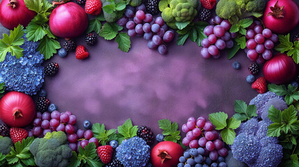 Purple composition. Background bright fruits and vegetables apples, grapes, greens, blueberries, eggplant, figs, cabbage, pomegranate, blackberry on purple background. Copy space.