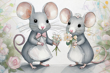 Mäuse Hochzeit - Süße Illustration von Maus Brautpaar zwischen Rosen