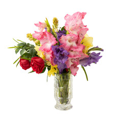 Bouquet of mixed flowers and leaves in vase isolated on transparent background