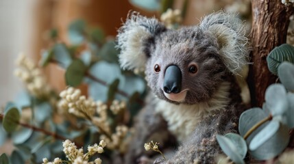 Obraz premium closeup photography Koala doll, with its fuzzy ears and cute nose, arranged in a dollhouse-inspired eucalyptus tree setting