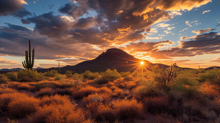 Desert sunset with mountain near Phoenix, Arizona. - obrazy, fototapety, plakaty
